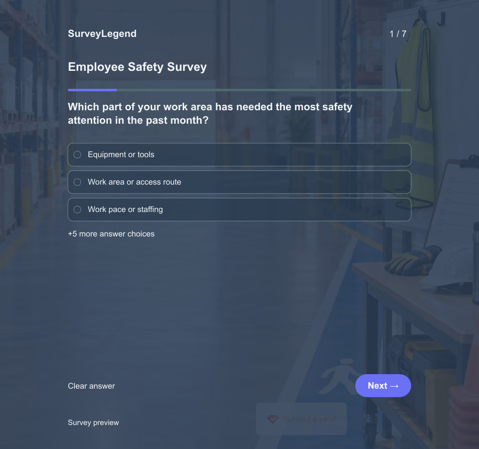 Preview of the Employee Safety Survey Template showing its first question and answer choices
