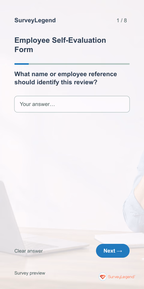 Employee Self-Evaluation Form: first question and response field, mobile preview