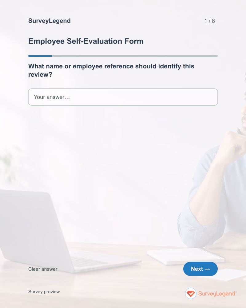 Employee Self-Evaluation Form: first question and response field, tablet preview