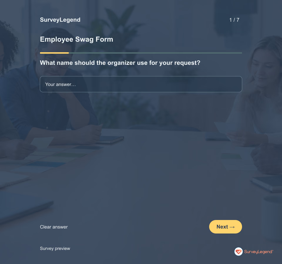 Preview of the Employee Swag Form Template demo showing its first question and answer choices