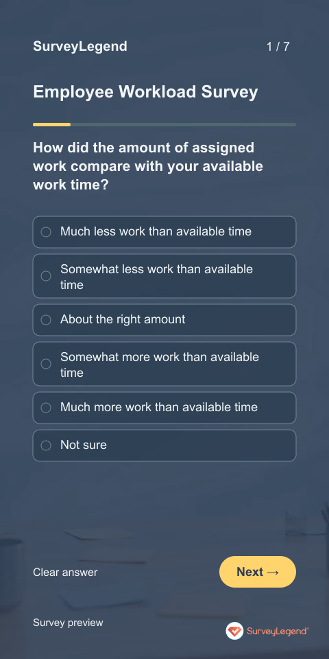 Employee Workload Survey: first question and response field, mobile preview