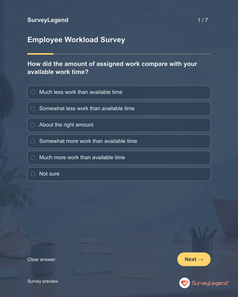 Employee Workload Survey: first question and response field, tablet preview