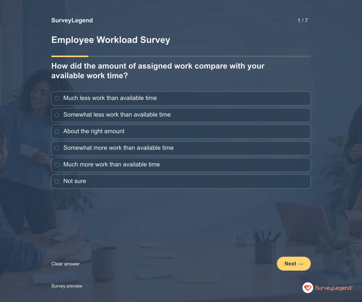 Preview of the Employee Workload Survey demo showing its first question and answer choices