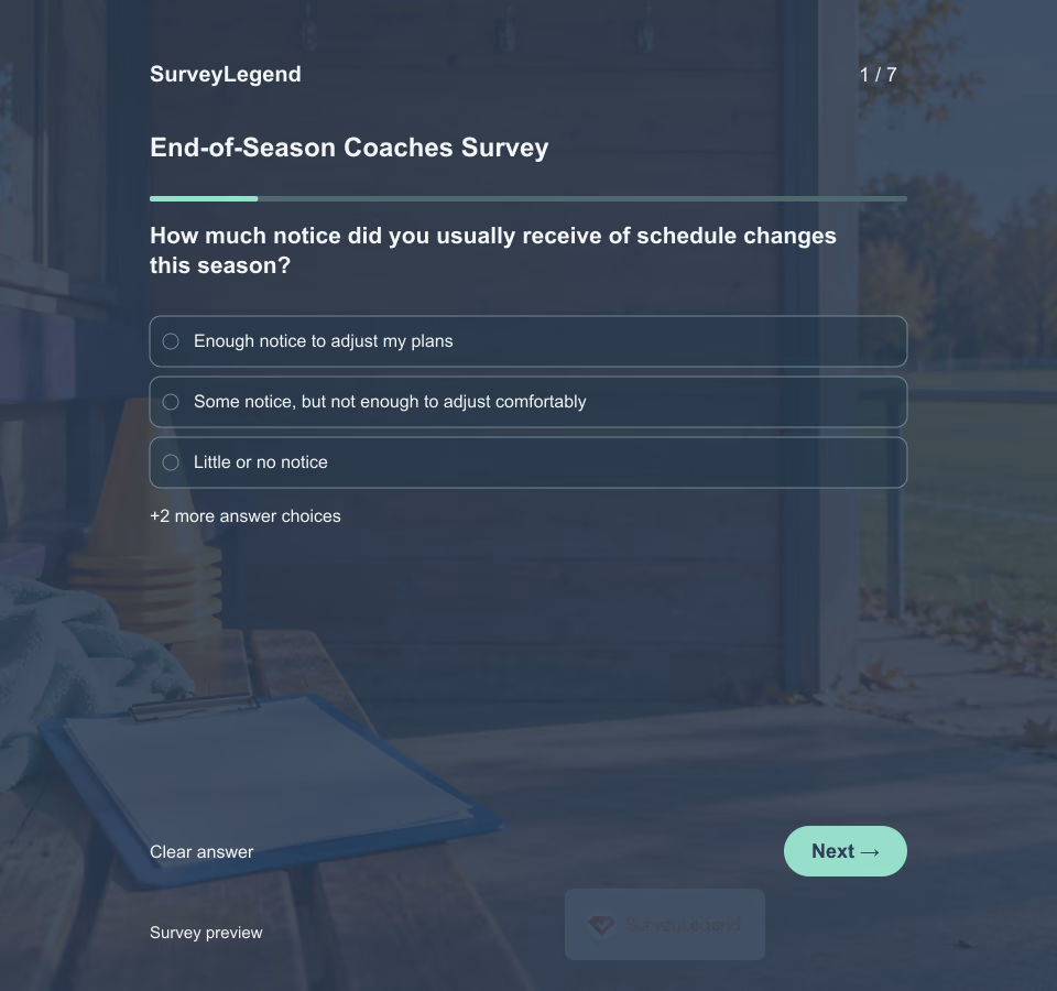 Preview of the End-of-Season Coaches Survey Template showing its first question and answer choices