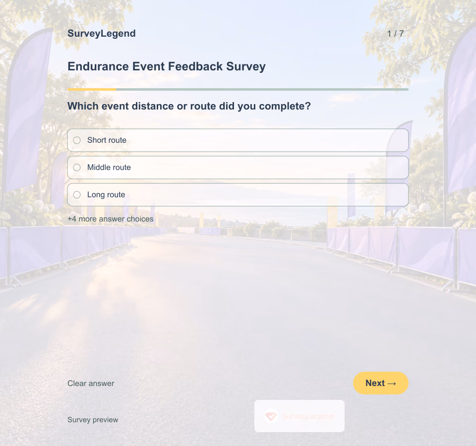 Preview of the Endurance Event Feedback Survey Template showing its first question and answer choices