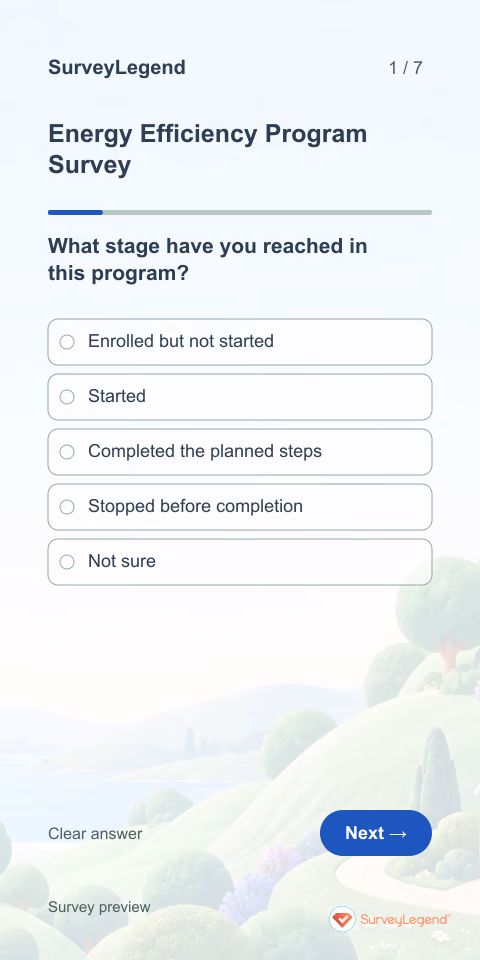 Energy Efficiency Program Survey: first question and response field, mobile preview