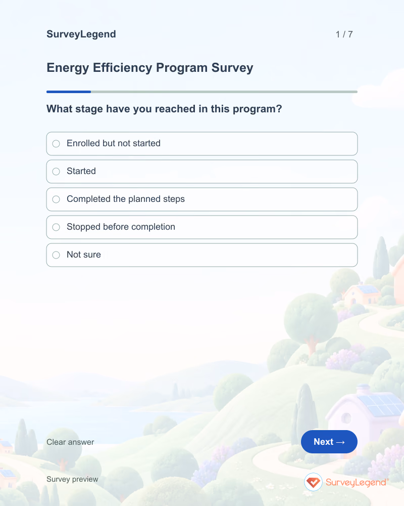 Energy Efficiency Program Survey: first question and response field, tablet preview