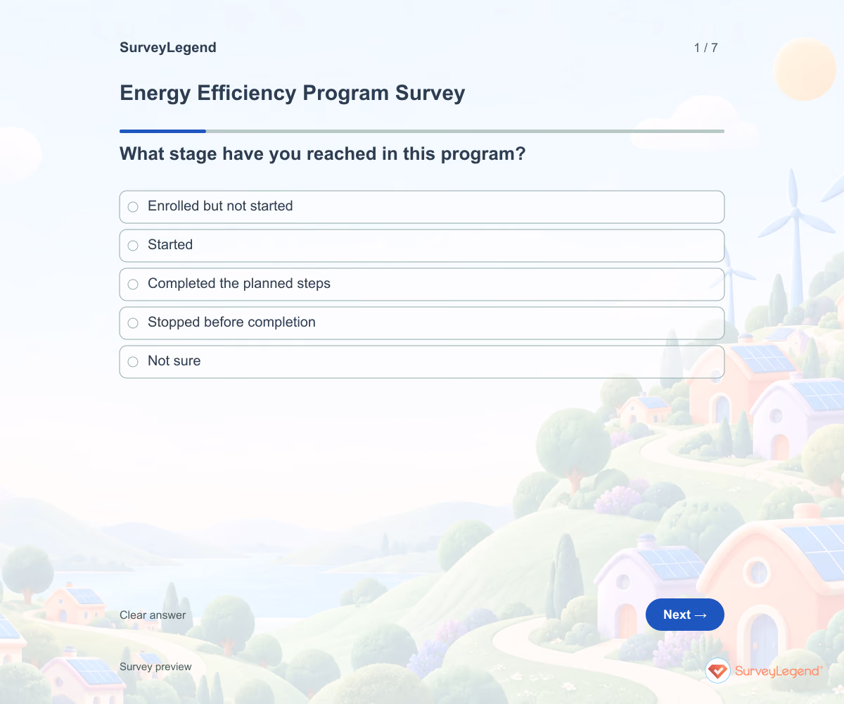 Preview of the Energy Efficiency Program Survey demo showing its first question and answer choices