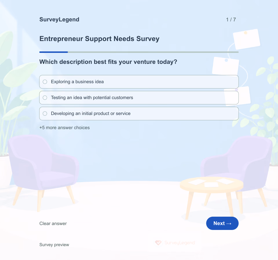 Preview of the Entrepreneur Support Needs Survey Template showing its first question and answer choices