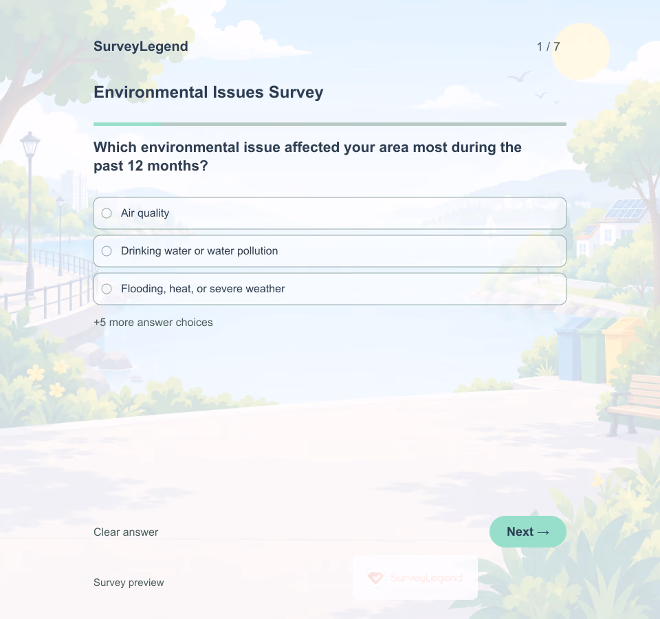 Preview of the Environmental Issues Survey Template showing its first question and answer choices
