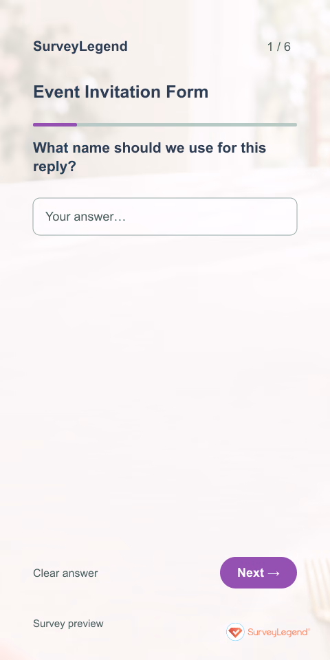 Event Invitation Form: first question and response field, mobile preview