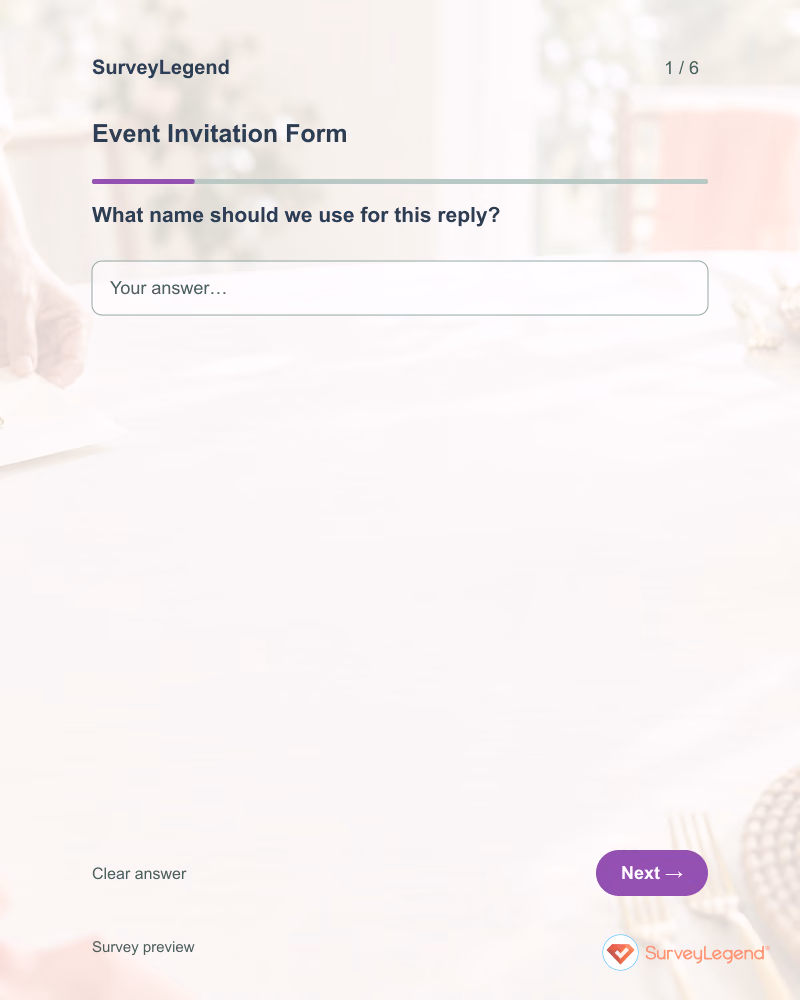 Event Invitation Form: first question and response field, tablet preview