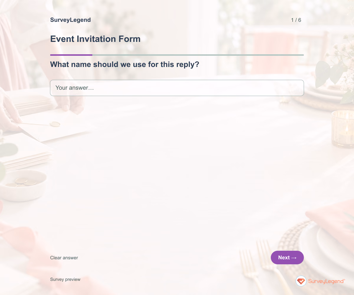 Preview of the Event Invitation Form demo showing its first question and answer choices
