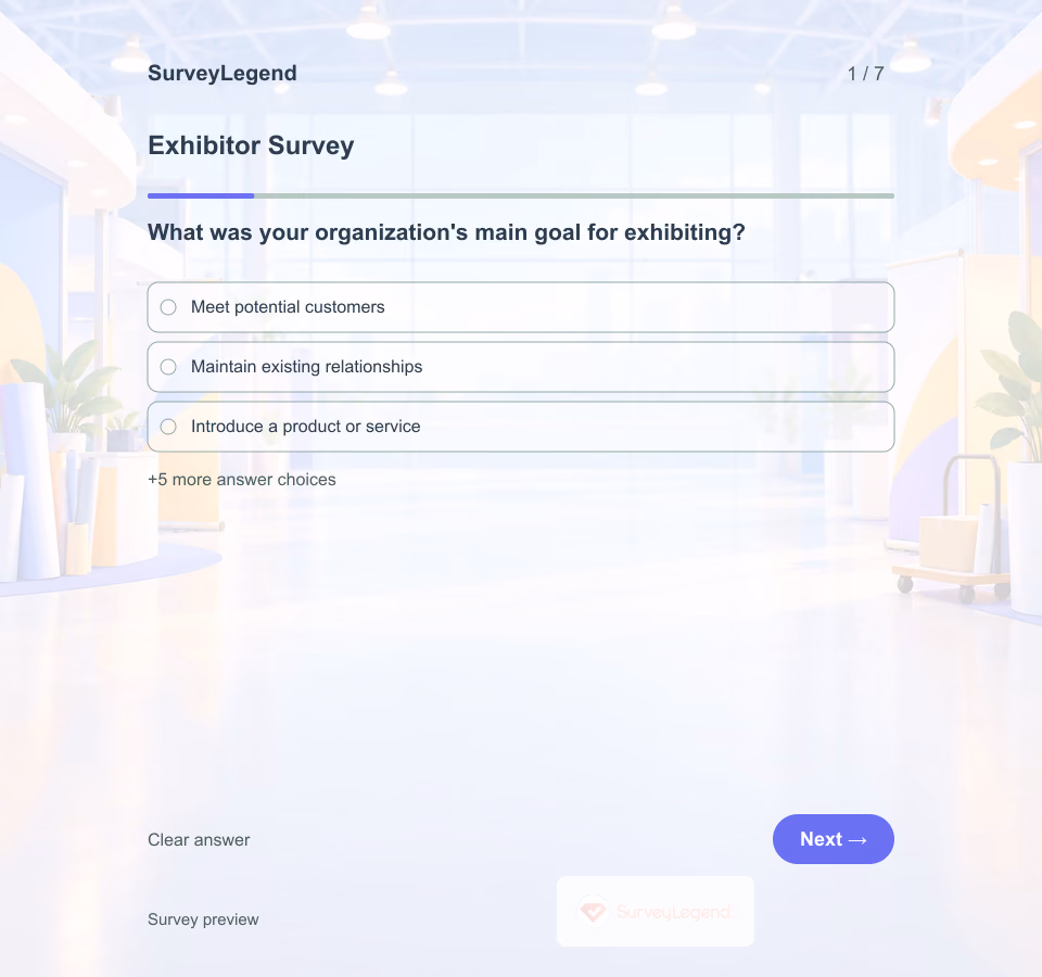 Preview of the Exhibitor Survey Template showing its first question and answer choices