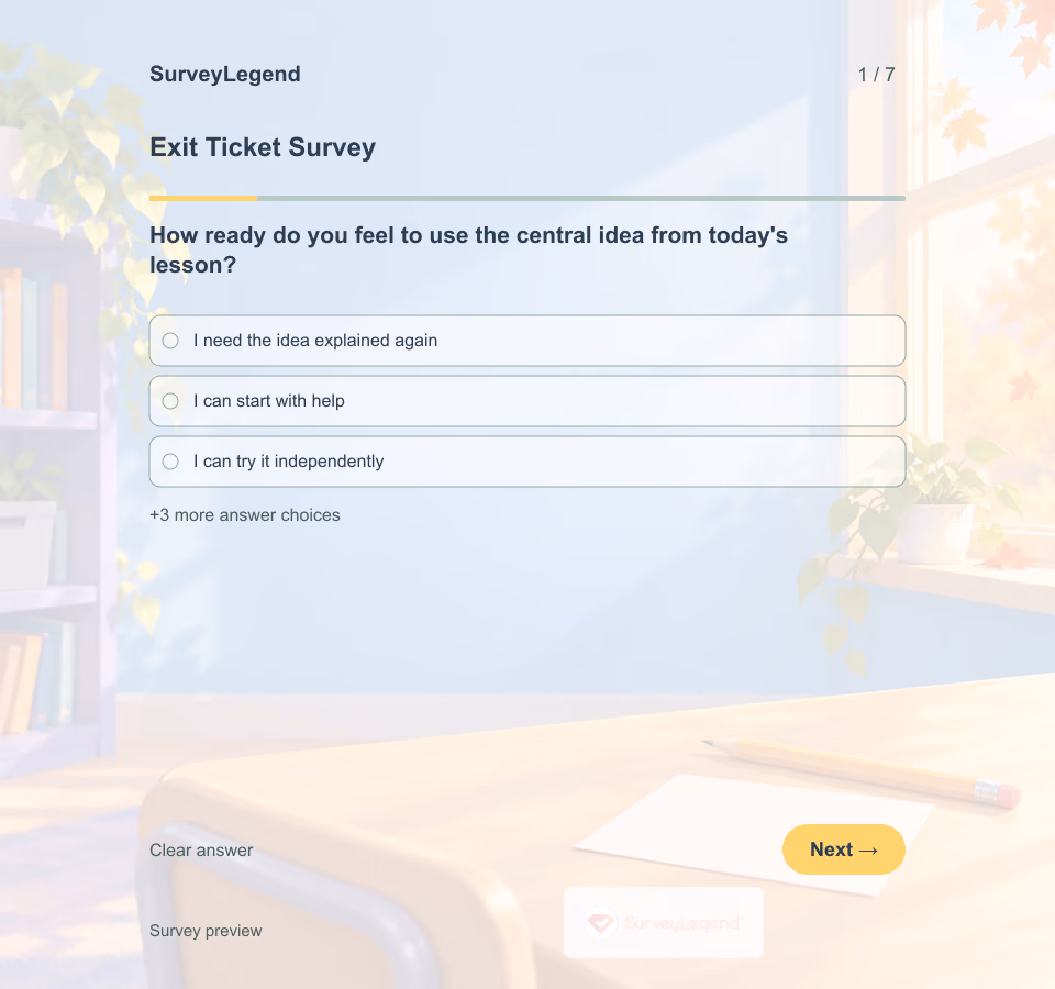 Preview of the Exit Ticket Survey Template showing its first question and answer choices