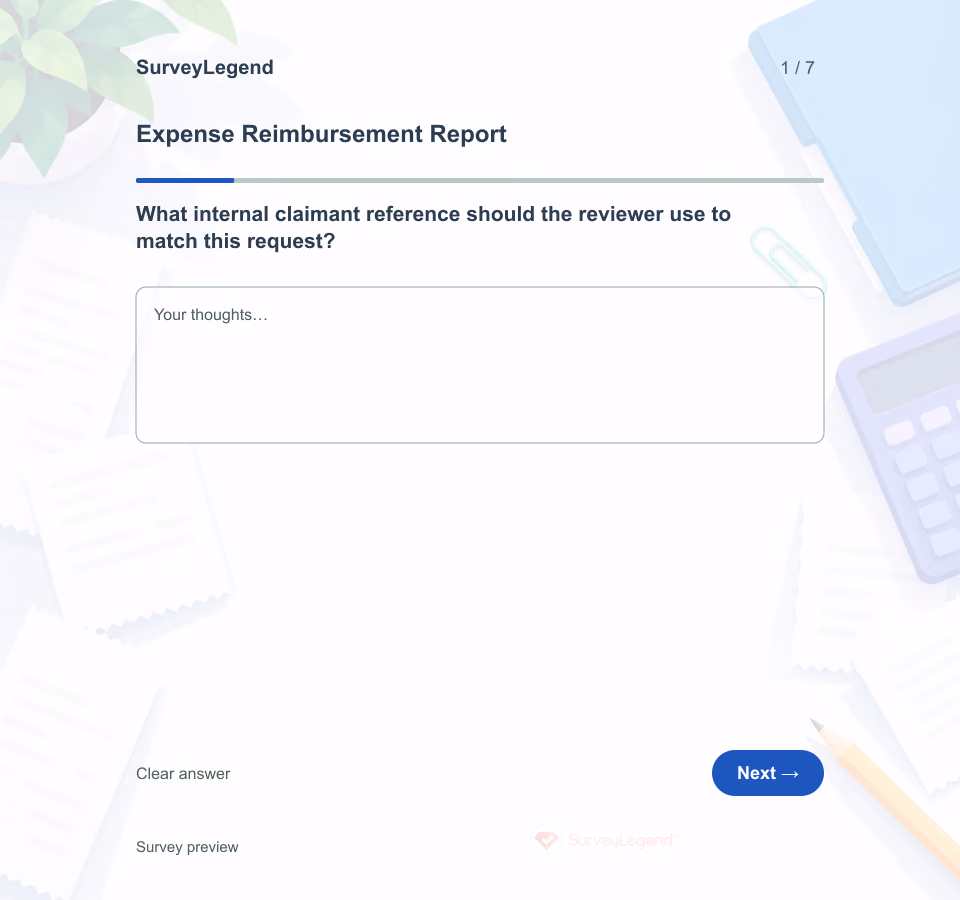 Preview of the Expense Reimbursement Report Template showing its first question and answer choices