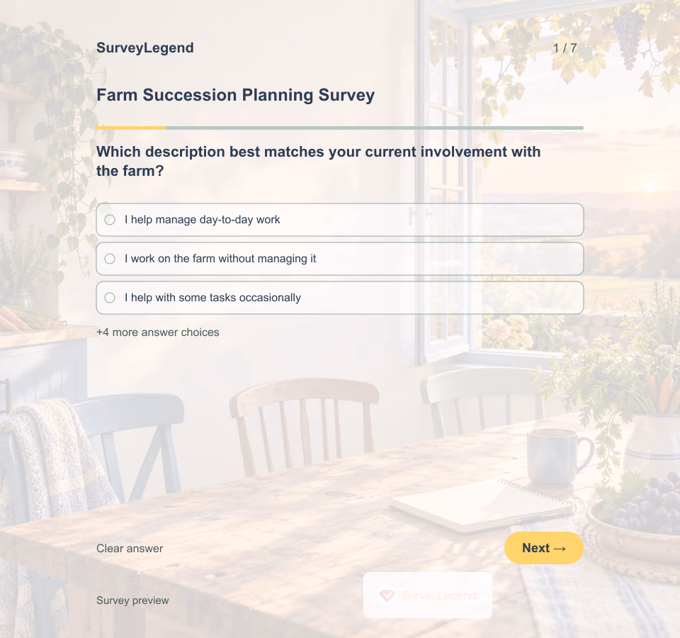 Preview of the Farm Succession Planning Survey Template showing its first question and answer choices