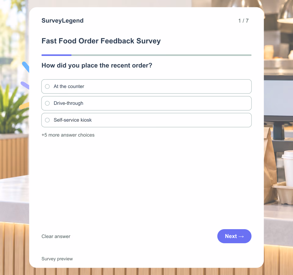 Preview of the Fast Food Order Feedback Survey Template showing its first question and answer choices