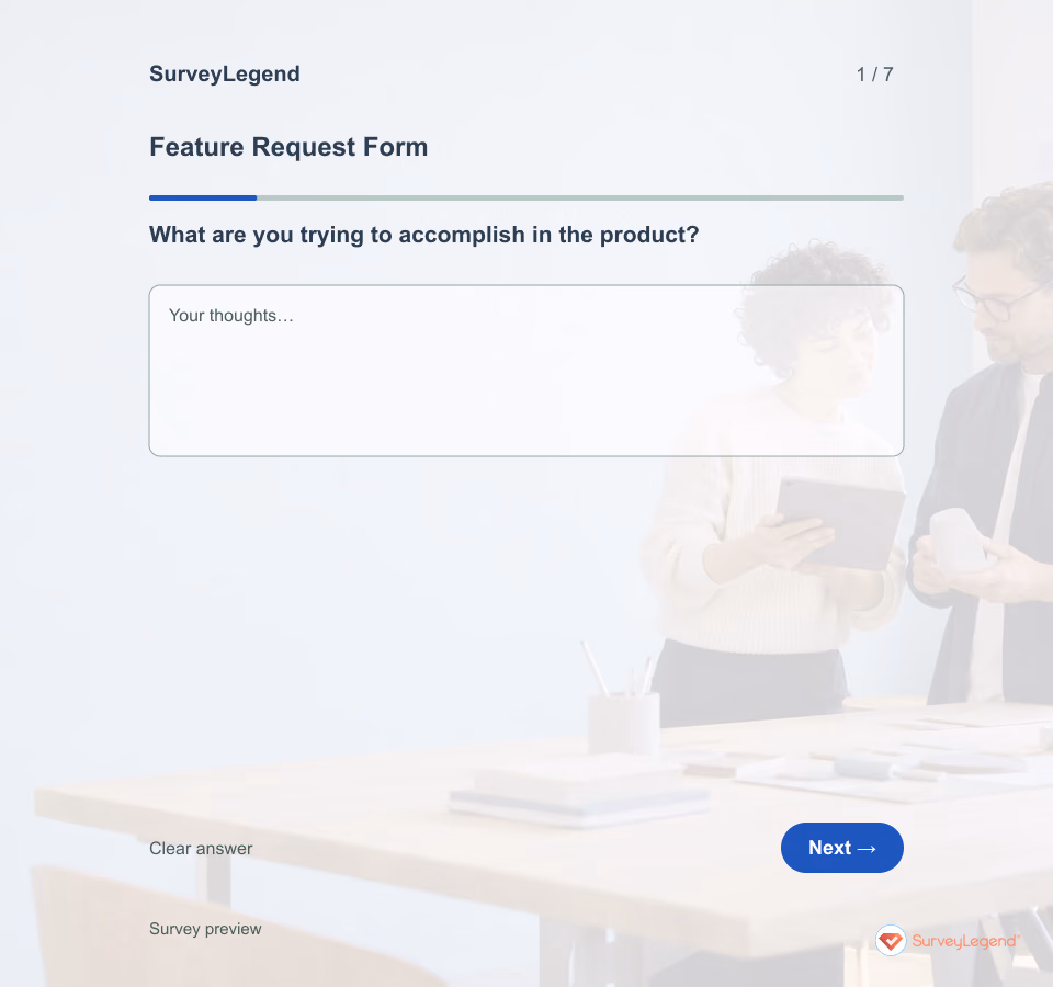 Preview of the Feature Request Form Template demo showing its first question and answer choices