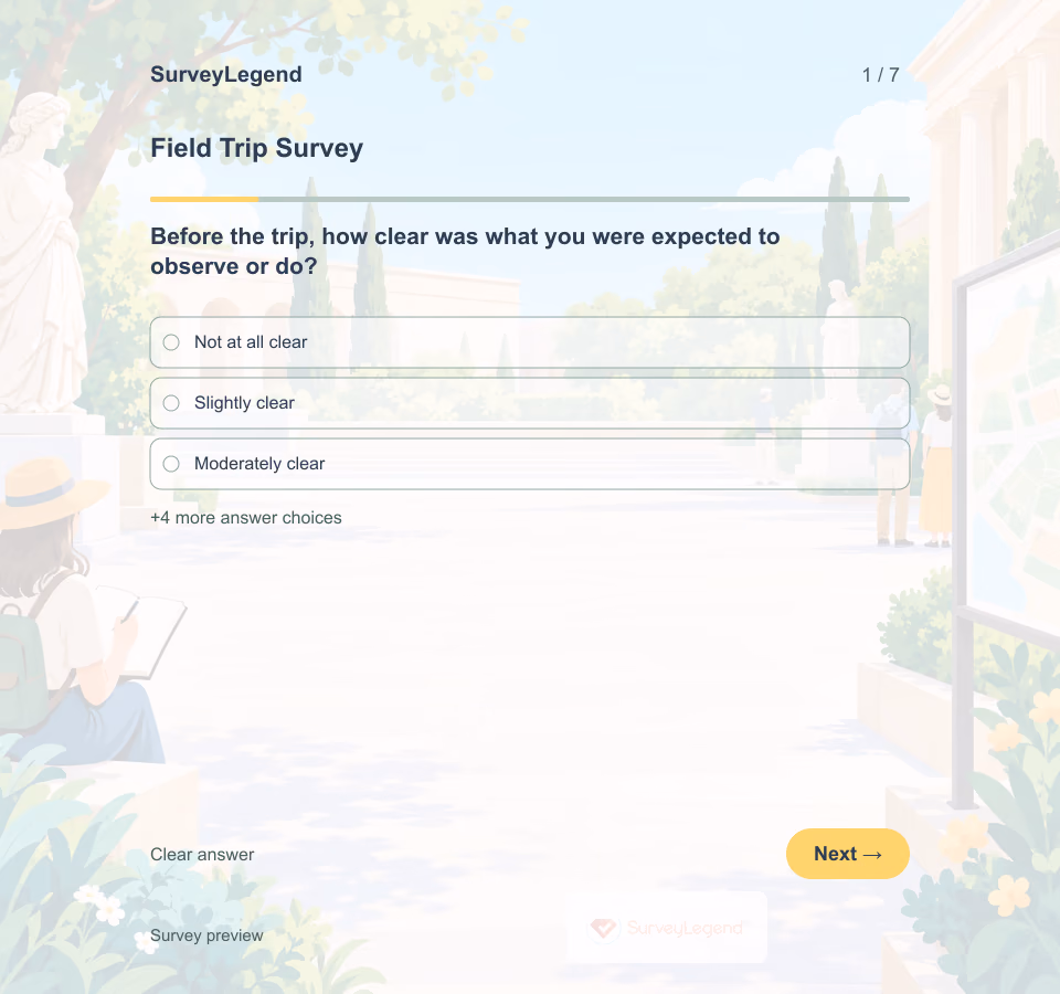 Preview of the Field Trip Survey Template showing its first question and answer choices