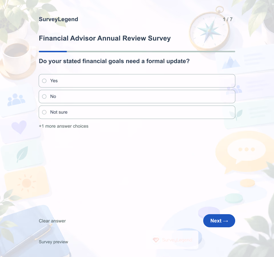 Preview of the Financial Advisor Annual Review Survey Template showing its first question and answer choices
