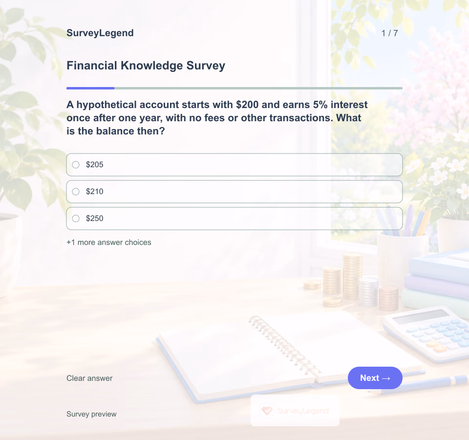 Preview of the Financial Knowledge Survey Template showing its first question and answer choices