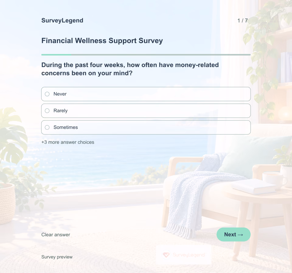 Preview of the Financial Wellness Support Survey Template showing its first question and answer choices
