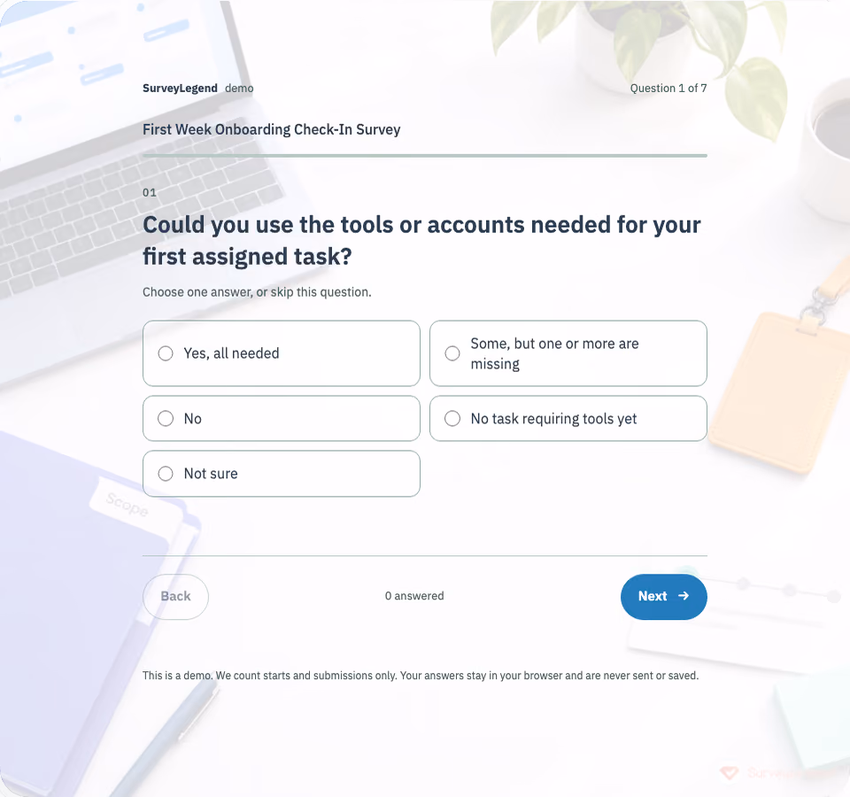 Preview of the First Week Onboarding Check-In Survey Template showing its first question and answer choices