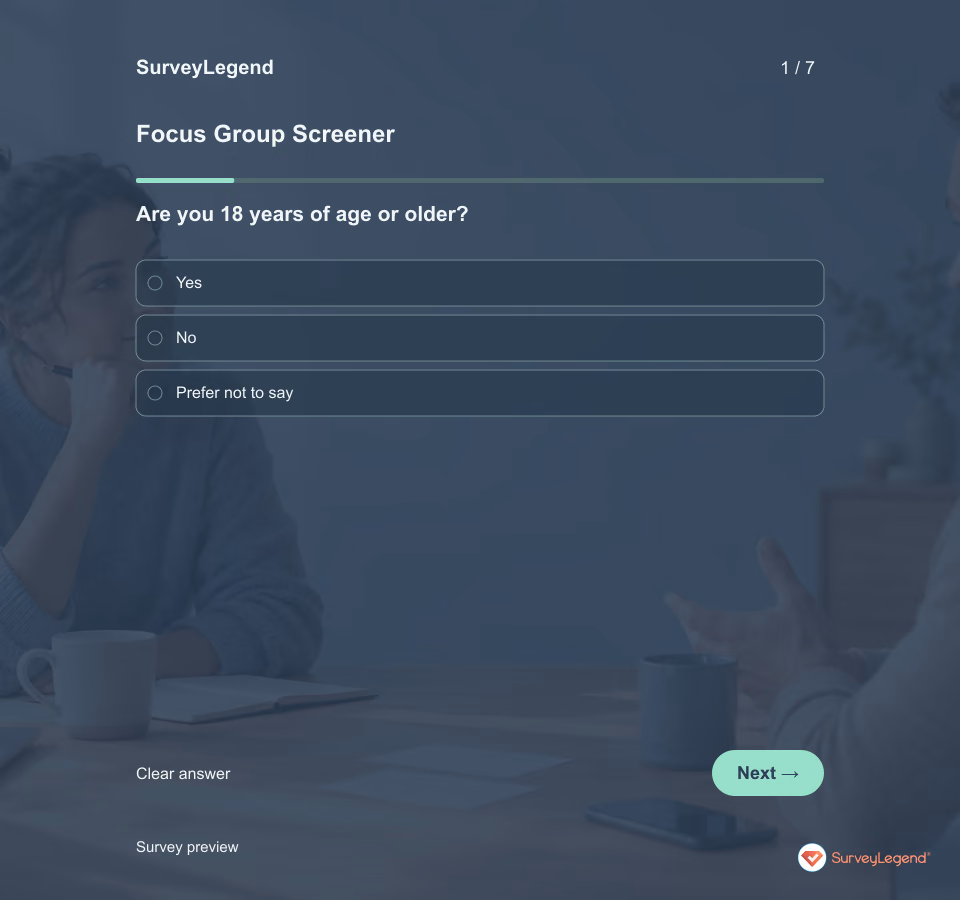 Preview of the Focus Group Screener Template demo showing its first question and answer choices