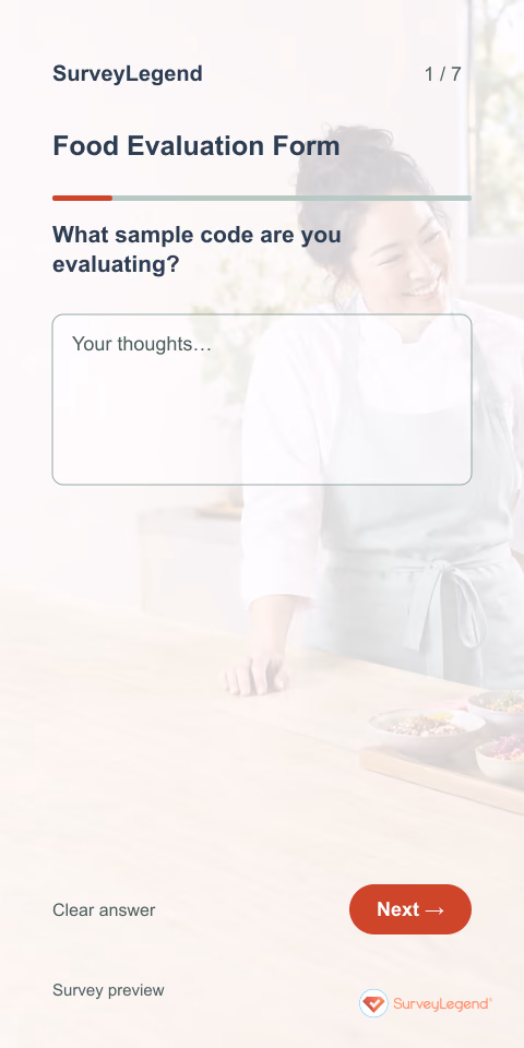 Food Evaluation Form: first question and response field, mobile preview