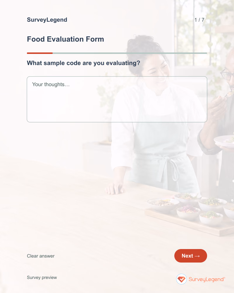 Food Evaluation Form: first question and response field, tablet preview