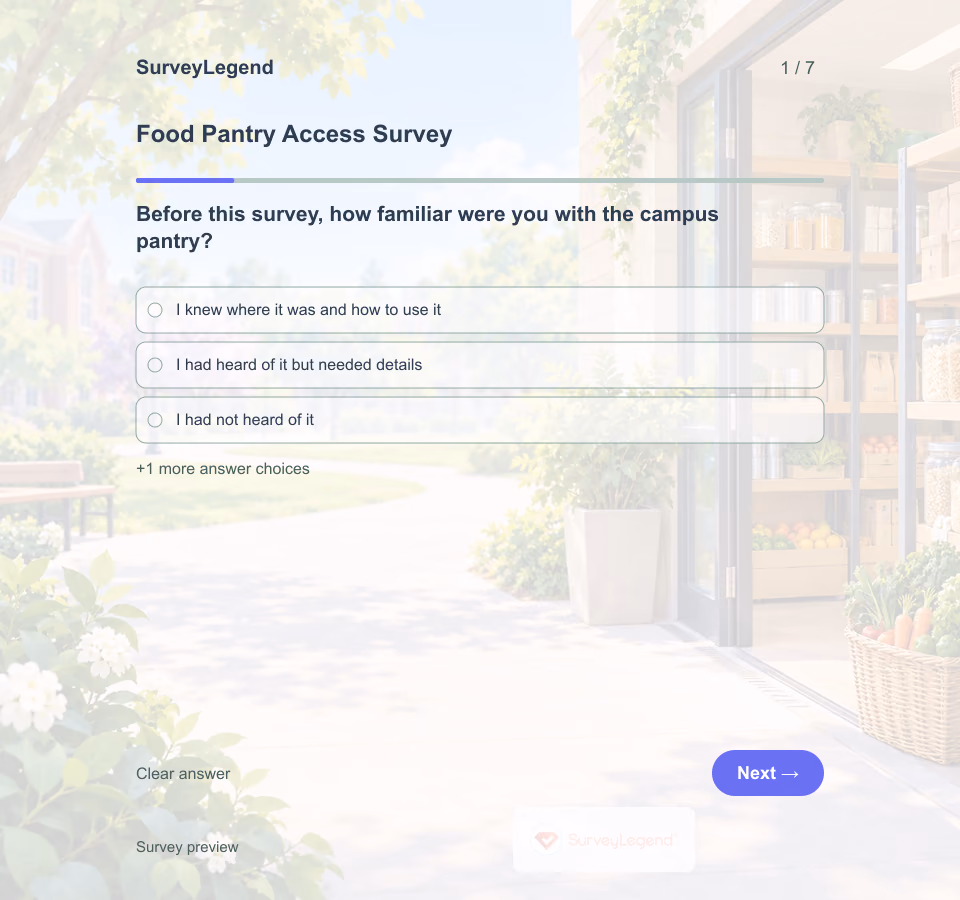 Preview of the Food Pantry Access Survey Template showing its first question and answer choices