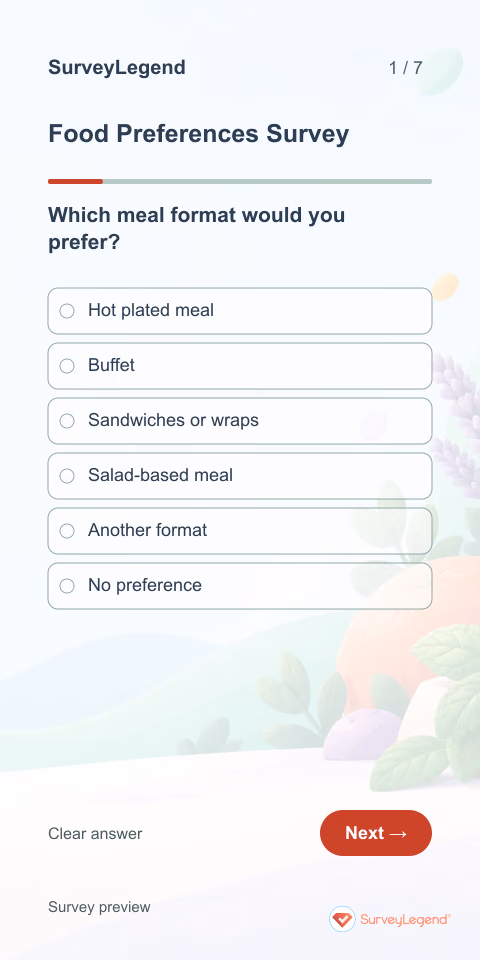 Food Preferences Survey: first question and response field, mobile preview