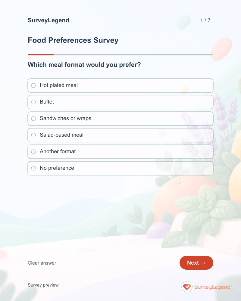 Food Preferences Survey: first question and response field, tablet preview