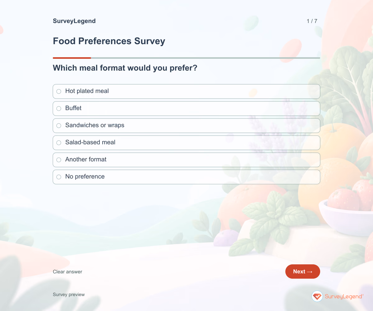 Preview of the Food Preferences Survey demo showing its first question and answer choices