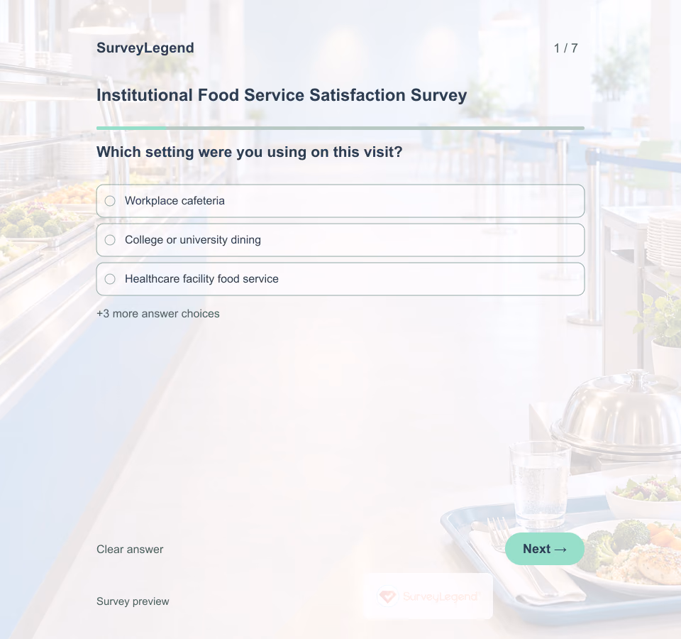 Preview of the Institutional Food Service Satisfaction Survey Template showing its first question and answer choices