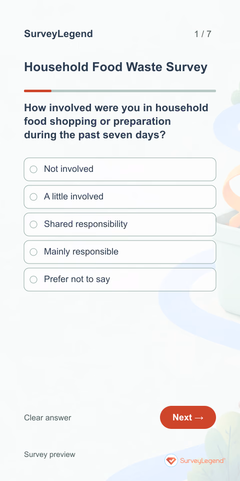 Household Food Waste Survey: first question and response field, mobile preview