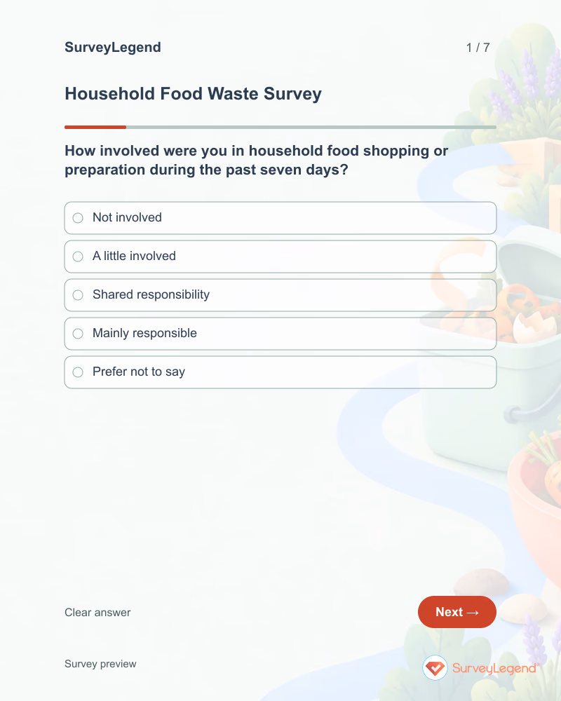 Household Food Waste Survey: first question and response field, tablet preview