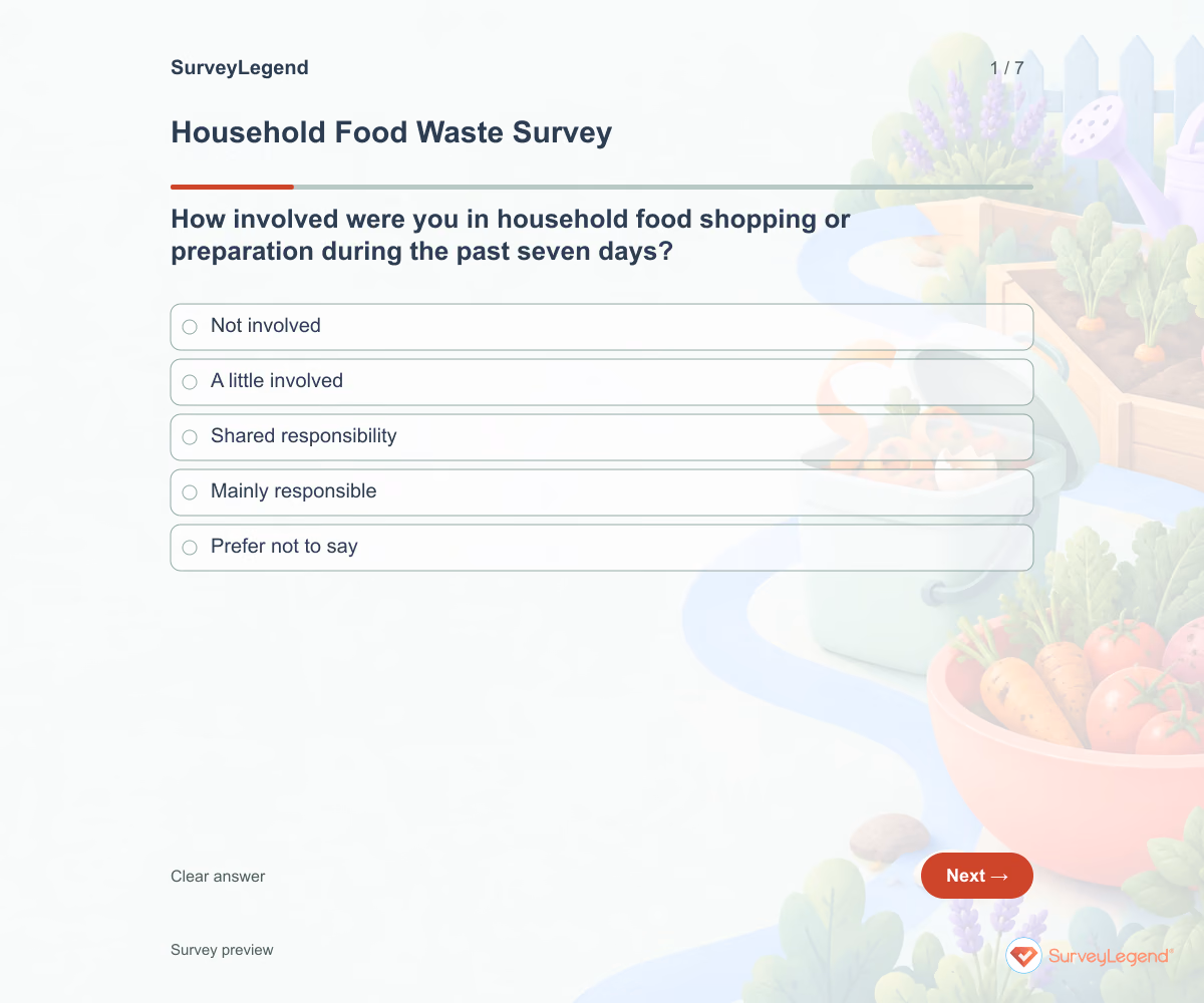 Preview of the Household Food Waste Survey demo showing its first question and answer choices