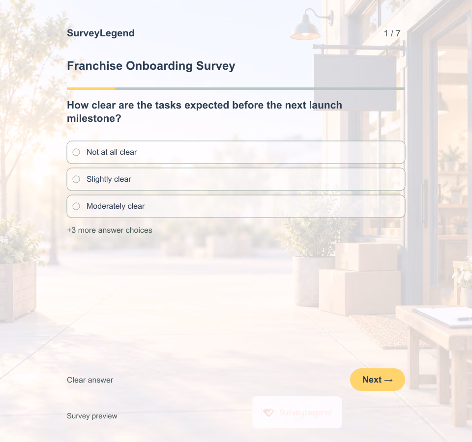 Preview of the Franchise Onboarding Survey Template showing its first question and answer choices