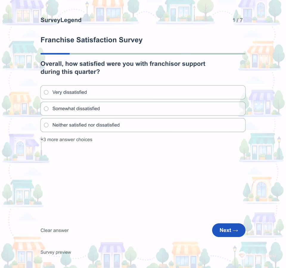 Preview of the Franchise Satisfaction Survey Template showing its first question and answer choices