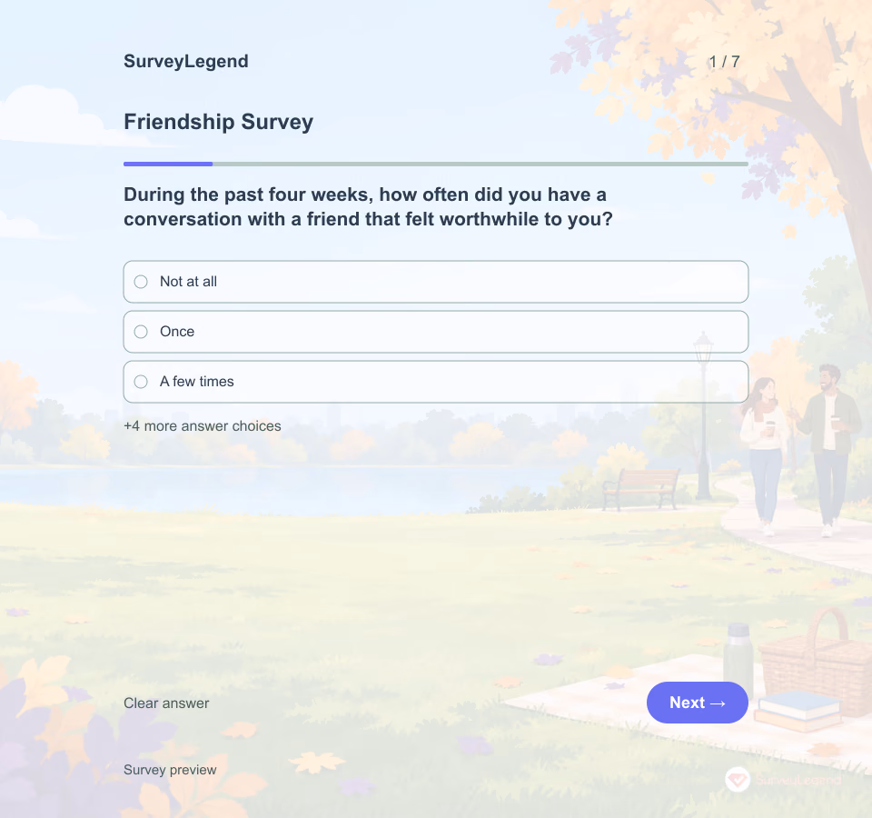 Preview of the Friendship Survey Template showing its first question and answer choices