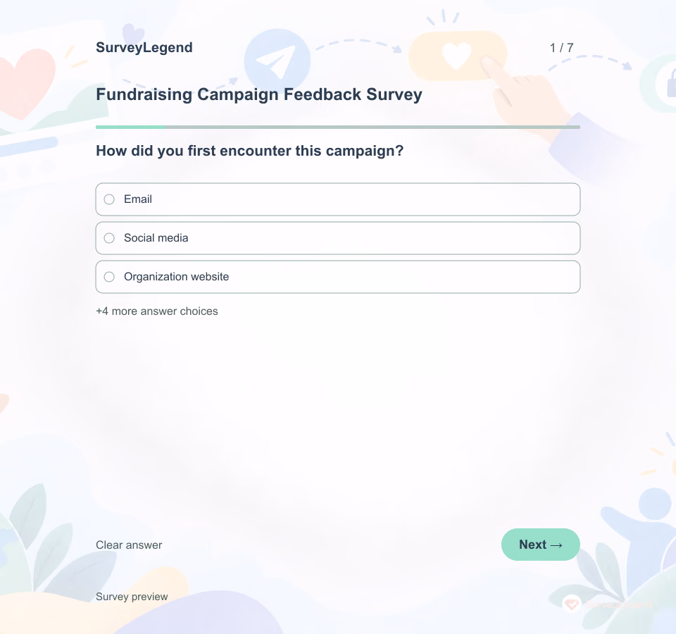 Preview of the Fundraising Campaign Feedback Survey Template showing its first question and answer choices
