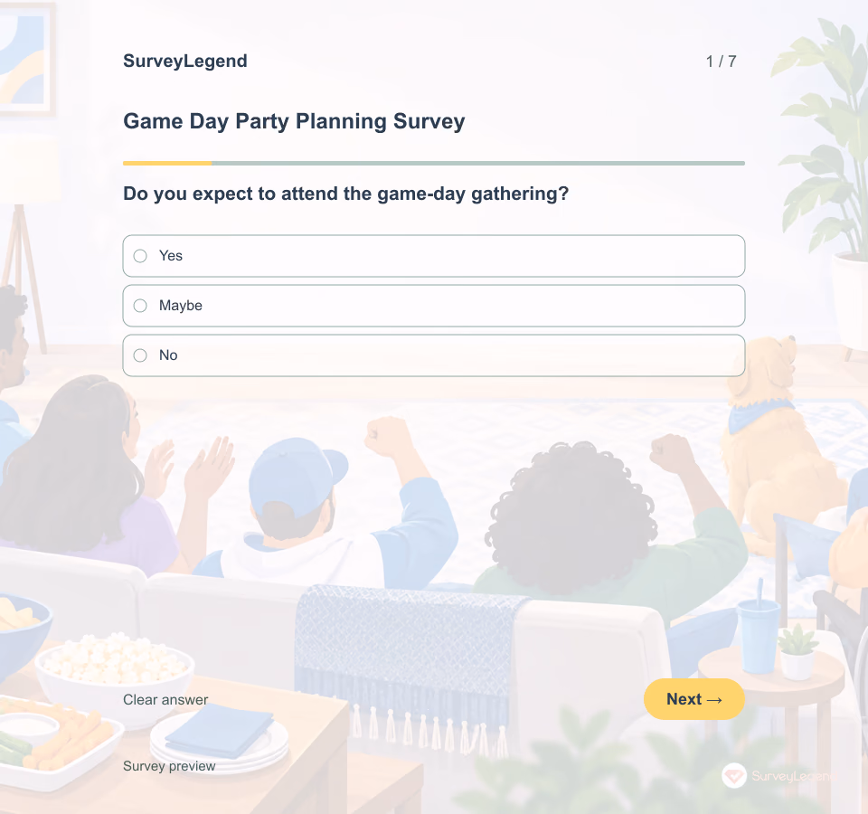 Preview of the Game Day Party Planning Survey Template showing its first question and answer choices