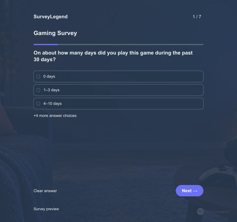 Preview of the Gaming Survey Template showing its first question and answer choices