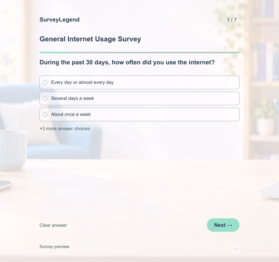 Preview of the General Internet Usage Survey Template showing its first question and answer choices