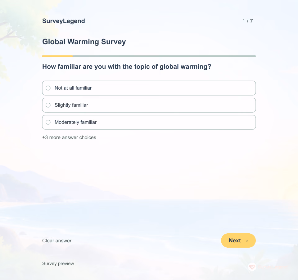 Preview of the Global Warming Survey Template showing its first question and answer choices