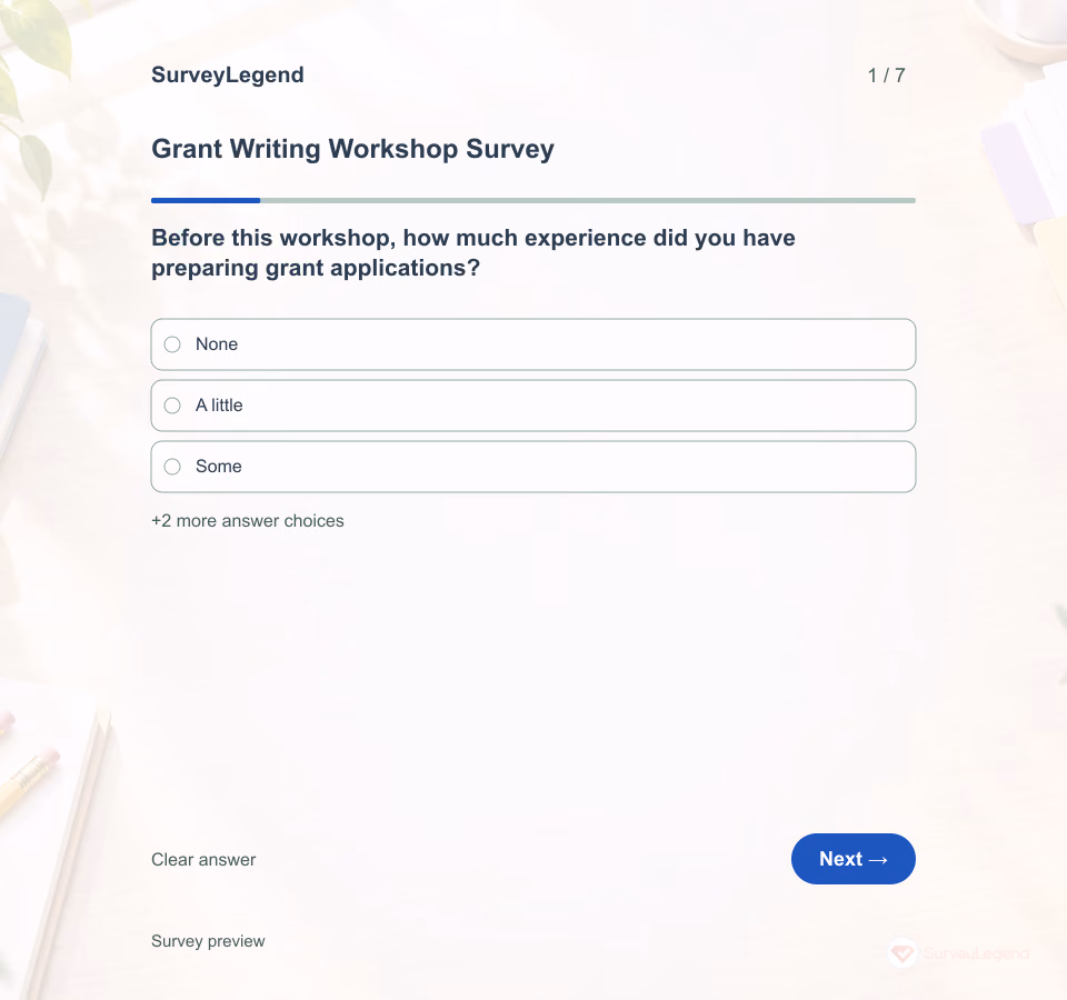 Preview of the Grant Writing Workshop Survey Template showing its first question and answer choices
