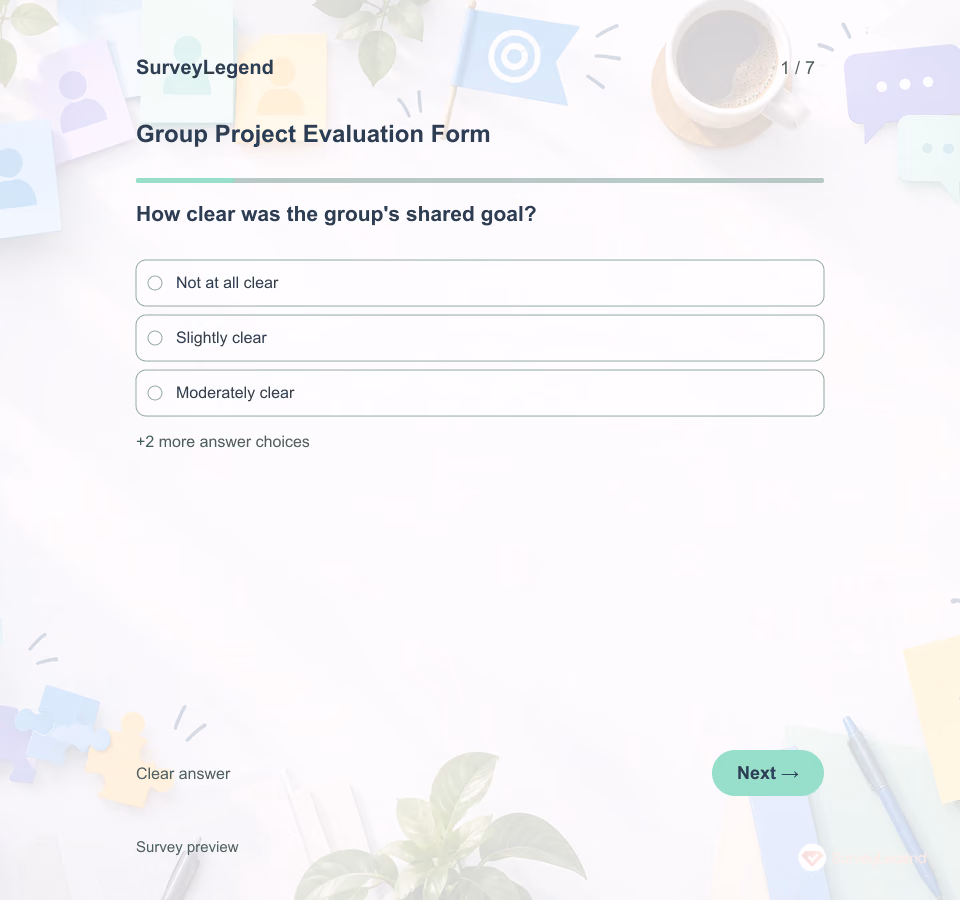 Preview of the Group Project Evaluation Form Template showing its first question and answer choices