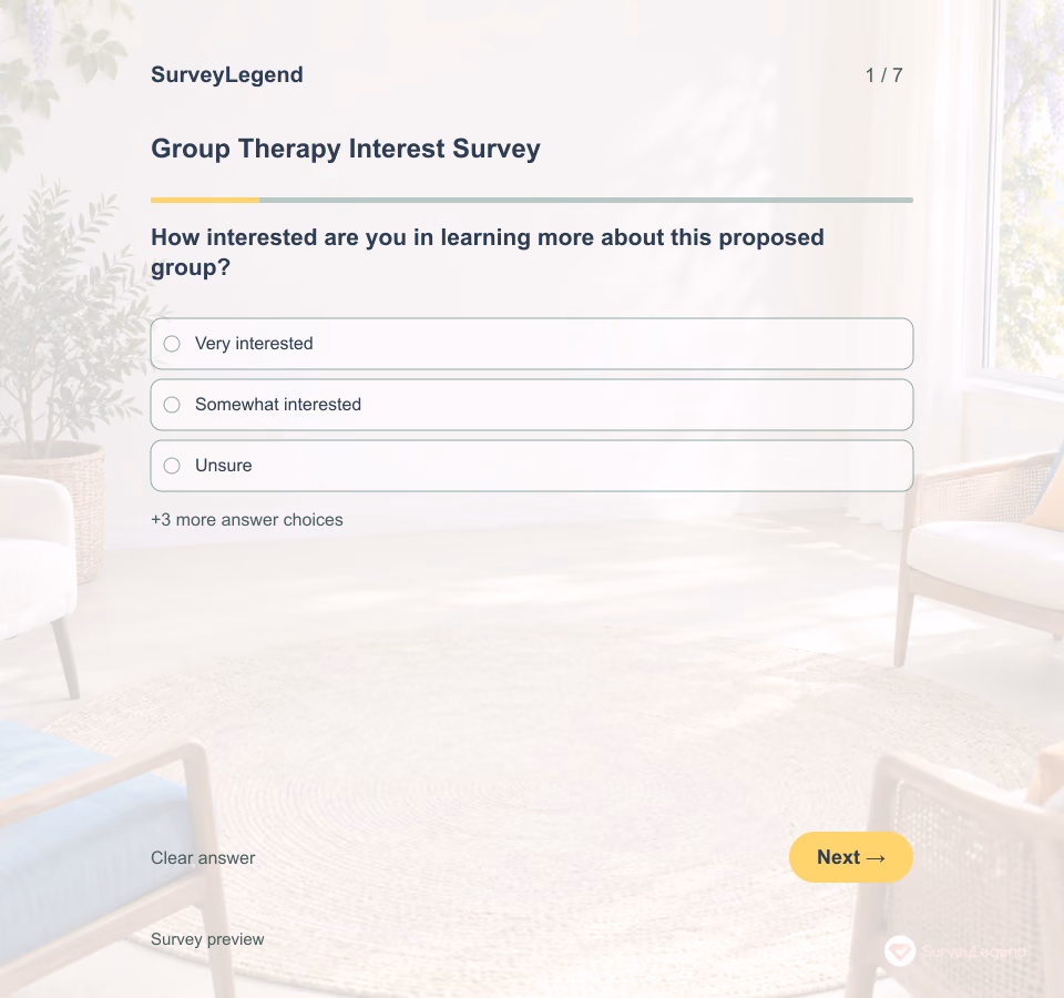 Preview of the Group Therapy Interest Survey Template showing its first question and answer choices